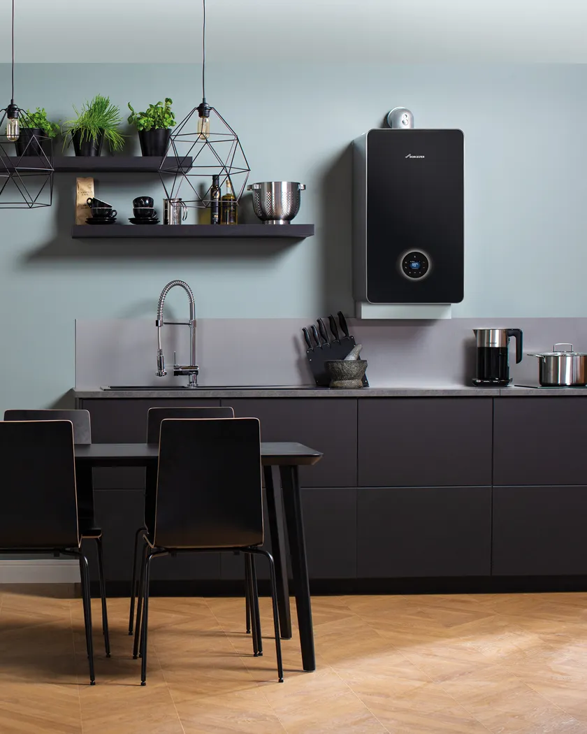 A modern wall-mounted Worcester Bosch boiler in a kitchen